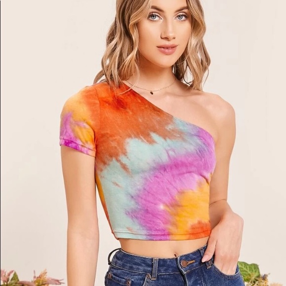 Tie Dye Wash One Shoulder Crop Top large - Picture 3 of 6